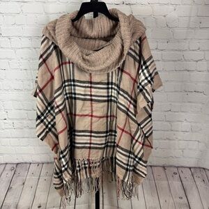 V. Fraas Plaid Poncho Knit Collar Button Sides One Size